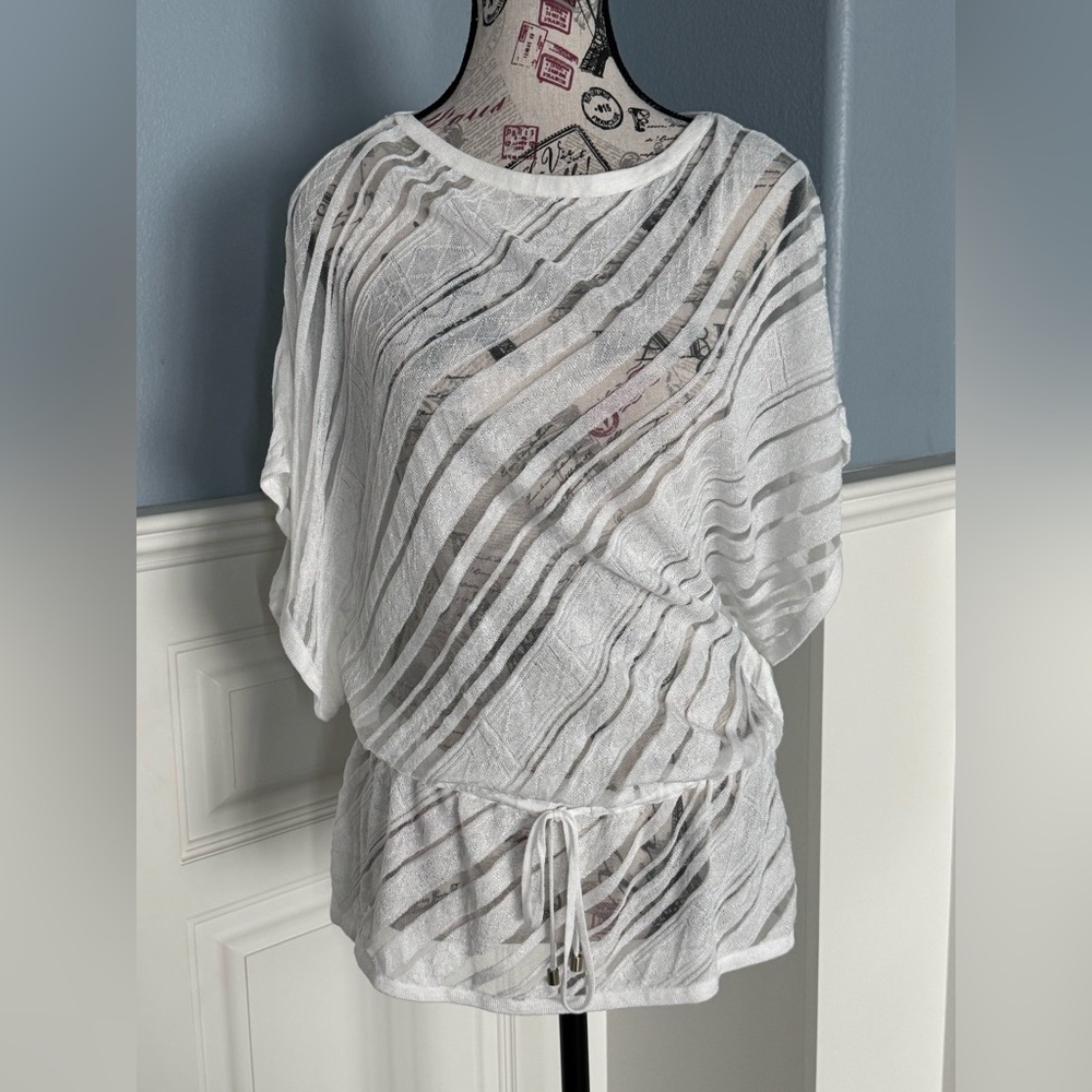 White House Black Market Sheer White Striped Dolman Tunic